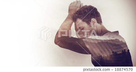 Composite image of upset man leaning on white background Composite image of upset man leaning on white background 18874570