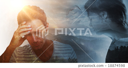Composite image of sad pretty brunette leaning against wall Composite image of sad pretty brunette leaning against wall 18874598