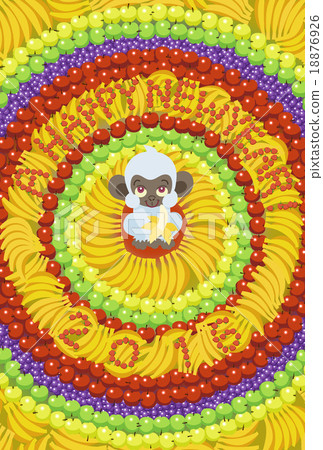 A white monkey that eats a banana (New Year's card in 2016) at the center where fruits are arranged like mandala 18876926
