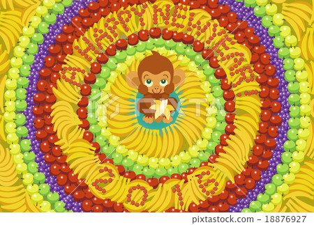 In the middle of spreading fruits like mandala, Japanese monkeys eating bananas (postcard of 2016) 18876927