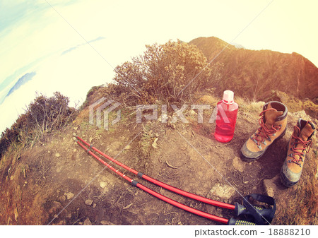 hiking boots on beautiful mountain peak hiking boots on beautiful mountain peak 18888210