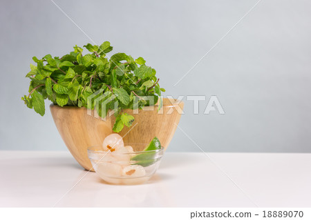 Bunch of fresh green basil in wooden bowl 18889070
