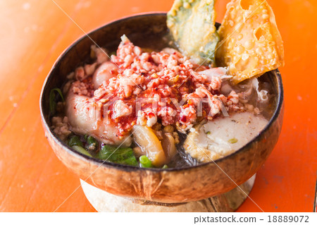Pink seafood and minced pork noodles 18889072