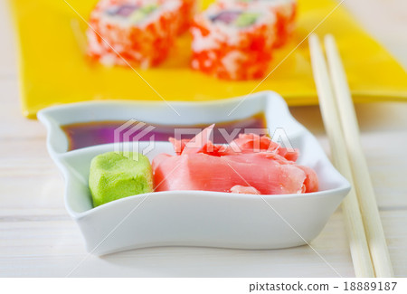 soy sauce, vasabi and ginger 18889187