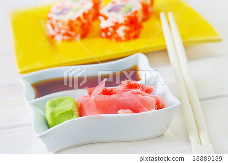 soy sauce, vasabi and ginger 18889189