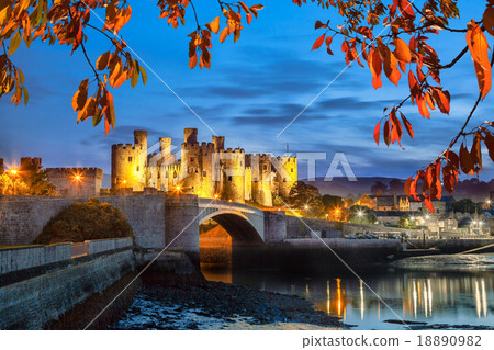 Conwy Castle with autumn leaves in Wales, UK Conwy Castle with autumn leaves in Wales, UK 18890982