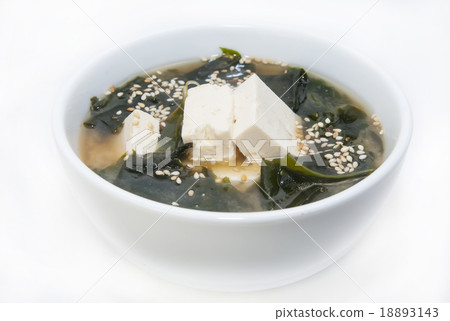 Japanese soup with herbs and cheese on white backg 18893143