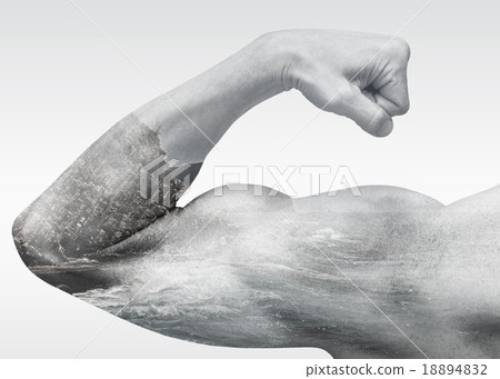 Strong male arm shows biceps with sea landscape 18894832