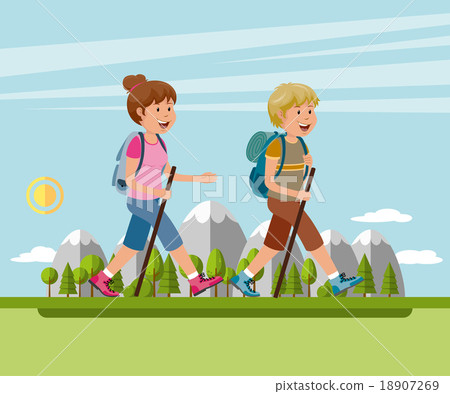 Stock Illustration: Man and woman hiking in the mountains