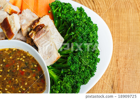 Grilled pork, veggies and dipping sauce Grilled pork, veggies and dipping sauce 18909725