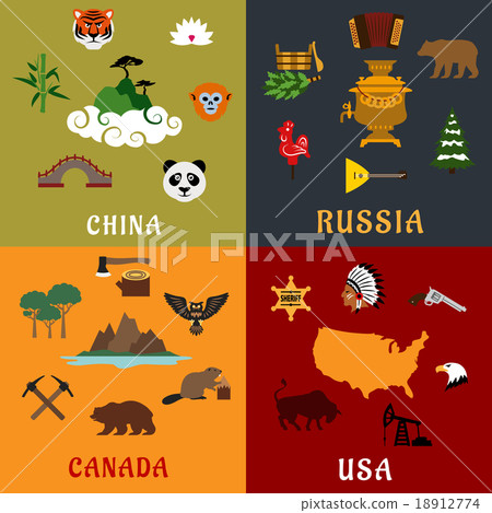 USA, China, Russia and Canada flat travel icons USA, China, Russia and Canada flat travel icons 18912774