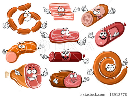 Cartoon sausages, bacon, steak and roast beef Cartoon sausages, bacon, steak and roast beef 18912778