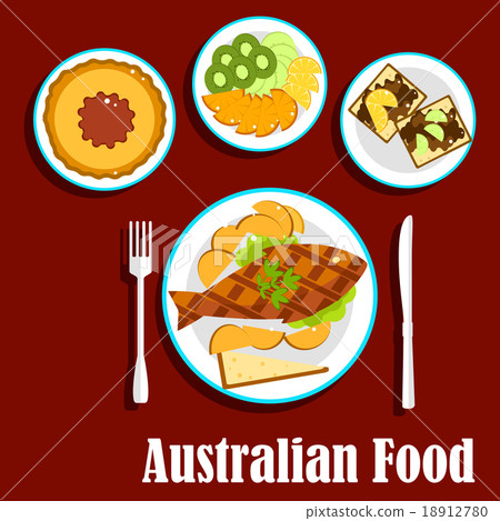 Fresh australian cuisine dishes, flat style Fresh australian cuisine dishes, flat style 18912780