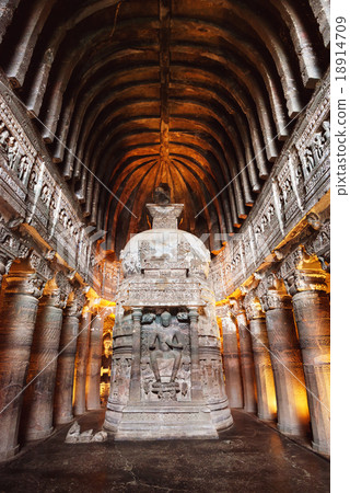 Ajanta Cave with Buddha statue inside 18914709
