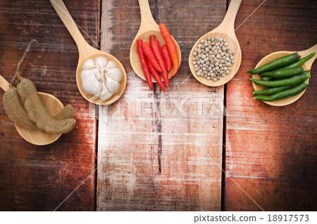 Spices and herbs in wooden spoons. Spices and herbs in wooden spoons. 18917573
