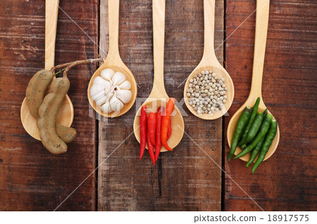 Spices and herbs in wooden spoons. Spices and herbs in wooden spoons. 18917575