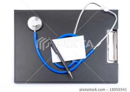 Clip board with stethoscope and white sheet of Clip board with stethoscope and white sheet of 18950341