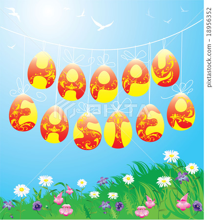 Hanging Easter eggs on spring blue sky background Hanging Easter eggs on spring blue sky background 18956352