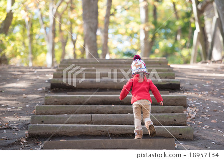 A girl walking on the stairs in the forest 18957134