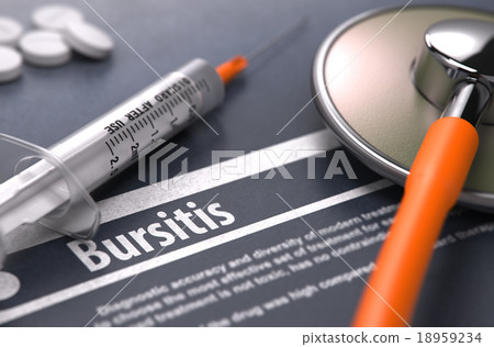 Bursitis - Printed Diagnosis on Grey Background. 18959234