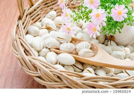 Pistachio nuts in wood basket. 18960824
