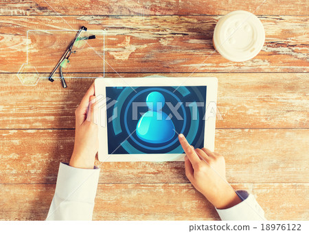 close up of hands with user icon on tablet pc close up of hands with user icon on tablet pc 18976122