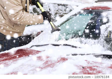closeup of man cleaning snow from car closeup of man cleaning snow from car 18976184