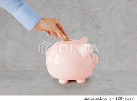 close up of hand putting coin to piggy bank close up of hand putting coin to piggy bank 18976187