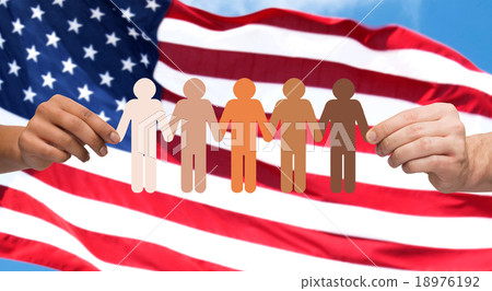 hands with people pictogram over american flag hands with people pictogram over american flag 18976192
