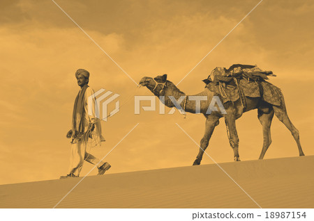 Indigenous Indian man walking desert camel Concept Indigenous Indian man walking desert camel Concept 18987154