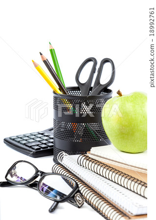 Stack stylish notebook, pen and glasses. Stack stylish notebook, pen and glasses. 18992761