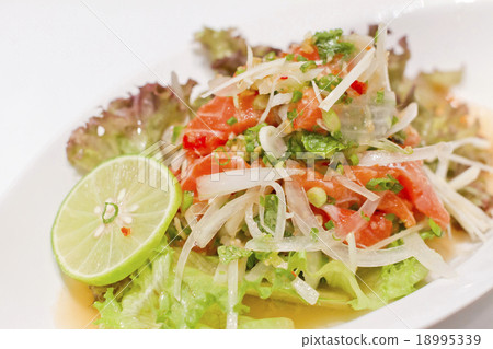 Salmon Sashimi in Spicy Hot Sauce 18995339