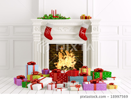 Download Christmas Interior With Fireplace And Gifts 3d Stock Illustration 18997569 Pixta PSD Mockup Templates