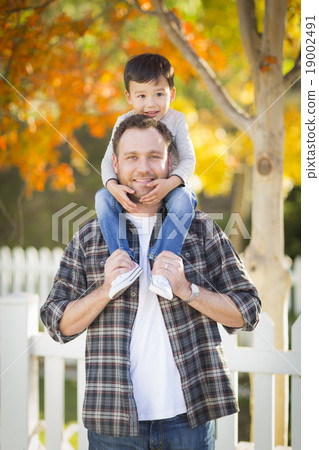 Mixed Race Boy Piggyback on Shoulders of Father 19002491