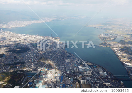 Aerial view Overlooking Lake Biwa from above the city of Otsu Aerial view Overlooking Lake Biwa from above the city of Otsu 19003425