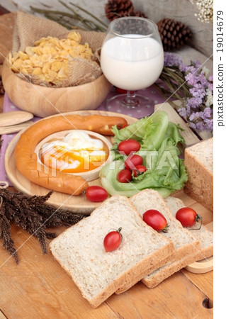 Breakfast with eggs, sausage, bread Breakfast with eggs, sausage, bread 19014679