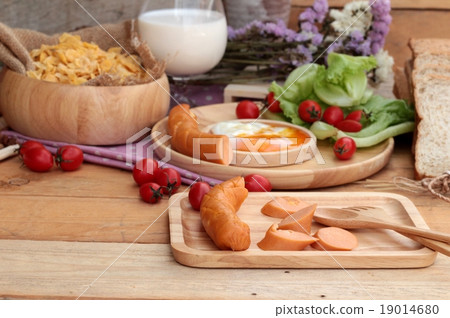 Breakfast with eggs, sausage, bread Breakfast with eggs, sausage, bread 19014680