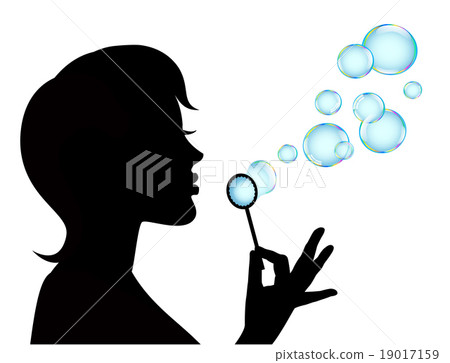 female silhouette in profile blows shiny bubbles female silhouette in profile blows shiny bubbles 19017159