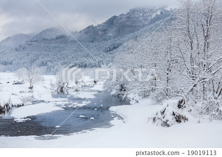 Midstream of the Yone-River in winter in Akita Prefecture 19019113