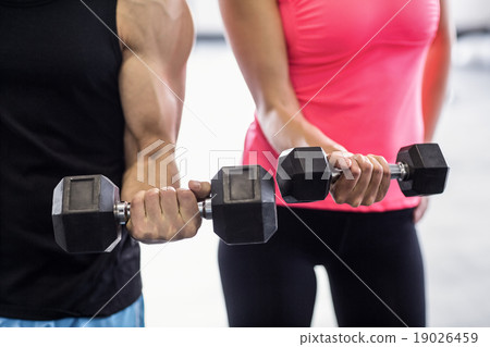 Sporty couple exercising with dumbbells i Sporty couple exercising with dumbbells i 19026459