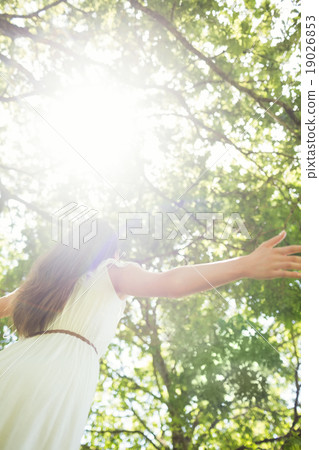 Low angle view of woman against bright sunlight Low angle view of woman against bright sunlight 19026853