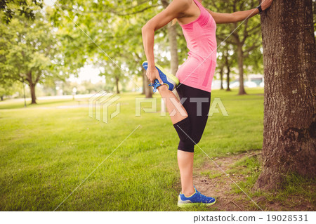 Low section of woman exercising with stretching leg Low section of woman exercising with stretching leg 19028531