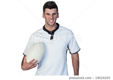 Portrait of an irritated rugby holding ball 19029205