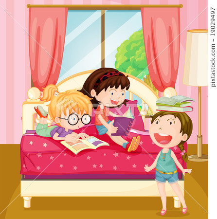 Children reading books in bedroom 19029497