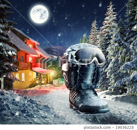 Snowboard equipment in winter village Snowboard equipment in winter village 19036228