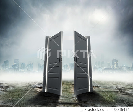 White door on dark city background White door on dark city background 19036435