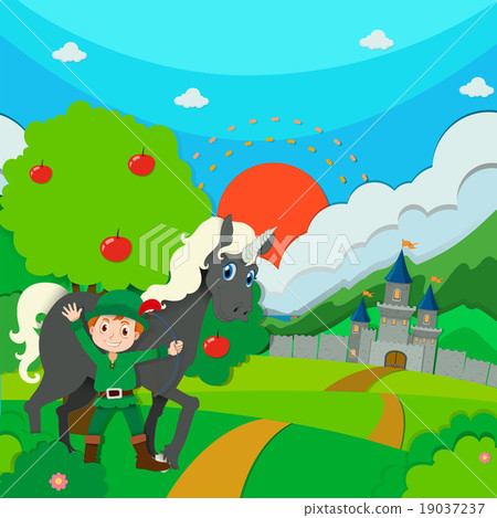 Hunter and horse on the field Hunter and horse on the field 19037237