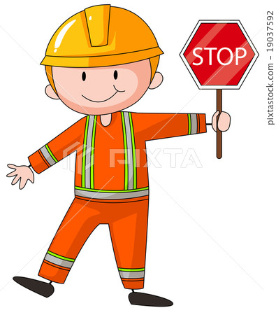 Construction worker holding stop sign 19037592