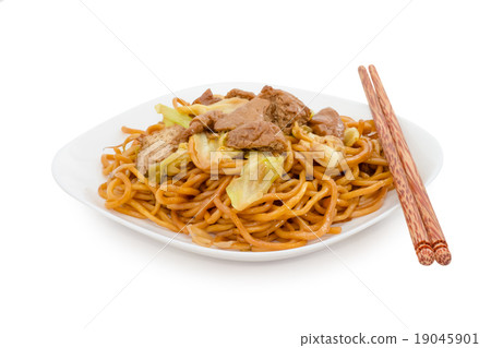Stir fried noodles on white,Chinese food Stir fried noodles on white,Chinese food 19045901