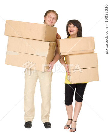 Woman and the man hold boxes Woman and the man hold boxes 19052030